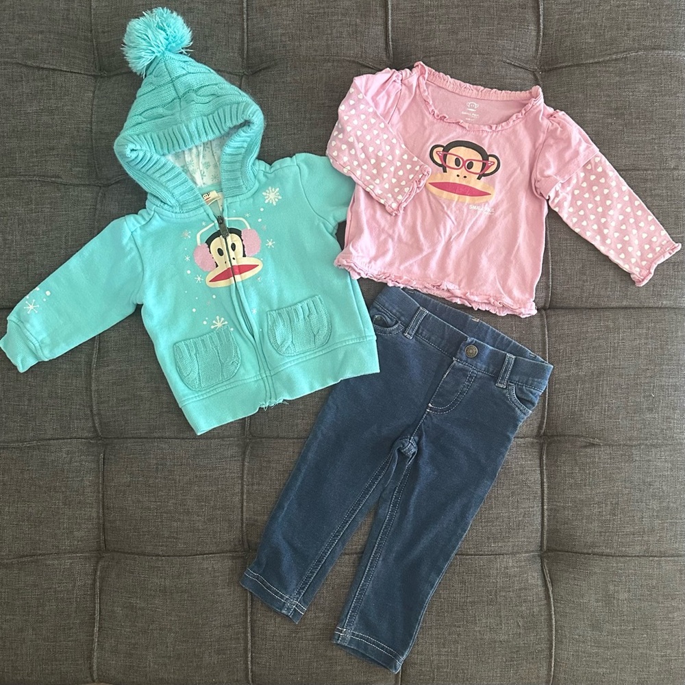 🩷 LIKE NEW ❄️ Paul Frank Julius Outfit w/Hoodie, Long Sleeve Top, & Jeans 12 mo